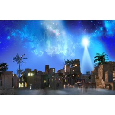 Imagem de Pano de fundo de presépio estrela de Natal noite manjedoura de Natal Jesus Cristo Belém fotografia fundo cidade vila estrela de belém pano de fundo de igreja religiosa adereços 2,4 x 1,8 m
