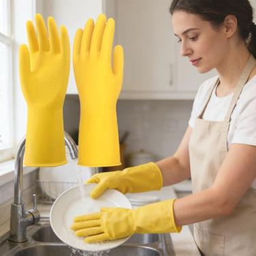 Imagem de Luvas de borracha para lavar louça, luvas de limpeza de cozinha reutilizáveis para lavar pratos de longa duração e antiderrapantes, trabalho de banheiro, limpeza doméstica, jardinagem, lavagem de