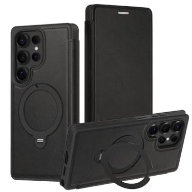 Imagem de POYUFRG Capa magnética para Samsung Galaxy S26 Ultra/S26 Plus/S26, capa flip fina de couro executivo com suporte de anel de metal e compartimentos para cartões, preta, S26 Plus