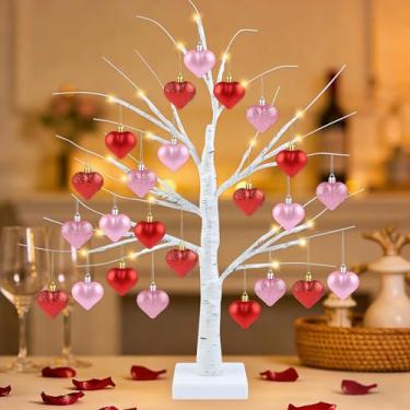Imagem de Wlicon Árvore iluminada dos namorados, 61 cm, árvore de bétula com 24 luzes de LED, árvores artificiais para dia dos namorados, 24 peças, enfeites de coração para pendurar no dia dos namorados, casa