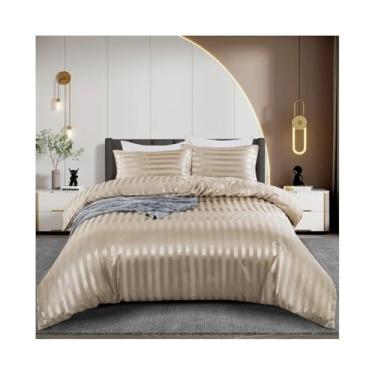 Imagem de Capa de edredom listrada de cetim luxuosa, conjunto de 3 peças, reversível, sedosa, macia, com 2 fronhas (EUA solteiro - 173 x 229)