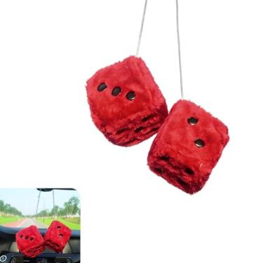 Imagem de Icyfond Par de dados difusos para espelho de carro, dados vermelhos decorativos quadrados de 7,6 cm com pontos pretos, ornamentos para pendurar dados de pelúcia, acessórios decorativos de espelho