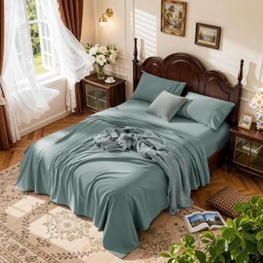 Imagem de LBRO2M Jogo de lençol 100% algodão com bolso profundo 48 cm, 1000 fios, tamanho completo, 4 peças, roupa de cama macia e confortável para todas as estações (casal, verde sálvia)