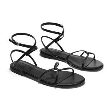 Imagem de Coutgo Sandálias rasteiras femininas com tiras abertas e tiras cruzadas com cadarço e tira no tornozelo, sapatos de praia elegantes para o verão, Preto, 39