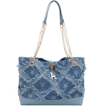 Imagem de Y2K Bolsa de ombro jeans feminina - bolsa jeans de grande capacidade, bolsa retrô com estampa de estrela vintage dos anos 90, bolsas jeans fofas para mulheres