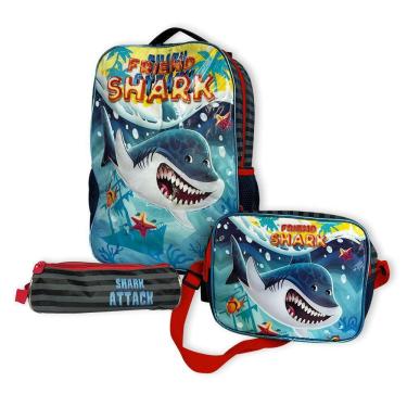 Imagem de Kit Mochila Infantil Escolar com 3 peças Tubarão