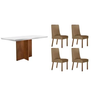 Imagem de Mesa Cozinha Berlim c/ Tampo Madeirado c/ Vidro Canto Curvo 120x80cm e 4 Cadeiras Dakota Madeira Maciça Naturale/Off White - Capuccino/Linho Bege-Rufa