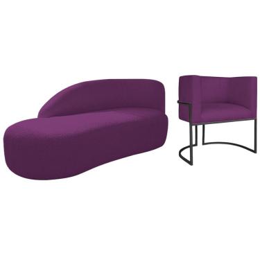 Imagem de Kit Divã Luna 140cm Lado Esquerdo E 01 Poltrona Base De Ferro Preto Suede Cor Roxo
