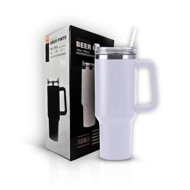 Imagem de Copo Térmico Grande 1200 Ml Canudo Inox Parede Dupla Branco - BeerPint