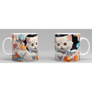 Imagem de Caneca Gatinho Fofo 3D Cerâmica Branca 325ml Premium - Livesub, Gato 7
