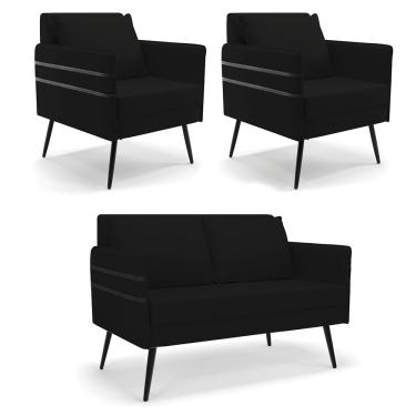 Imagem de Kit 01 Namoradeira 02 Lugares e 02 Poltronas Mari Linho Preto A79 Pés Palito de Ferro - D'Rossi