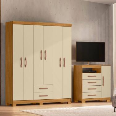 Imagem de Guarda-roupa 6 Portas 2 Gavetas cômoda Sapateira Itapema Carvalho Americano/Off White