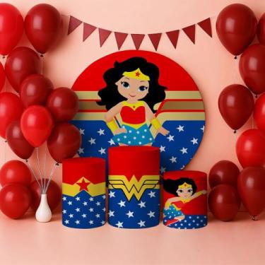 Imagem de Capas Painel Redondo Cilindros Decoração Super Heroínas Maravilha - Ge