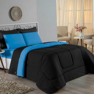 Imagem de Kit Edredom Dupla Face + Jogo De Lençol Casal Viúva Nobre 7 Peças Malha 100% Algodão - Preto / Turquesa