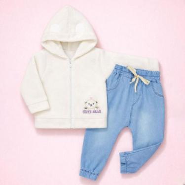 Imagem de Conjunto Blusa Fleece Aveludado e Calça Jeans para Bebê Menina Cor:cre