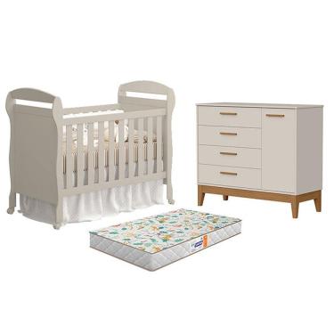 Imagem de Kit Berço Americano Danny com Colchão Gazin e Cômoda Porta Flip MDF Areia Acetinado Reller Móveis