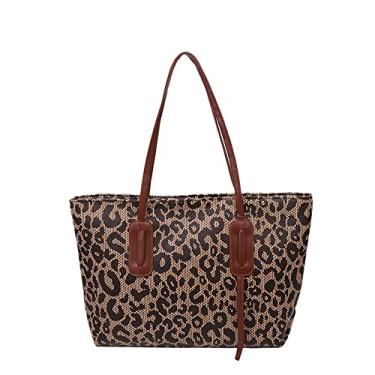 Imagem de Bolsa de ombro feminina de couro PU grande capacidade bolsa de mão fashion casual leopardo bolsa tote com zíper, Marrom