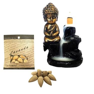 Imagem de Combo Incensário Cascata Buda Dourado e Preto 12cm + Incenso Cone Lavanda