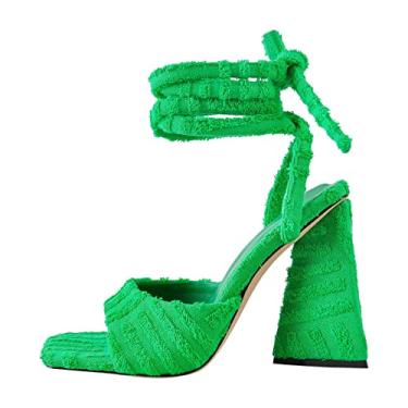 Imagem de Sandálias femininas de salto grosso, bico quadrado, bico aberto, cadarço, salto alto, moda, tiras cruzadas, Verde, 7