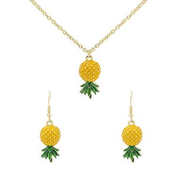 Imagem de 2 peças tropicais amarelos ruíte verde folha abacaxi brincos pingente colar adequado para mulheres brincos fashion pendentes joias, Metal Resina, n/c