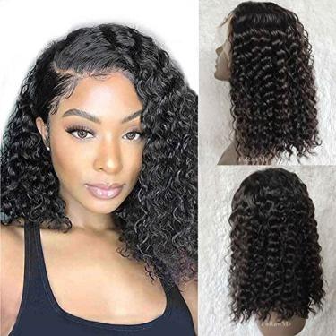 Imagem de Forawme Perucas de cabelo humano de orelha a orelha 13x4 para mulheres #1B 35,5 cm cacheado profundo pré-colhido lace frontal perucas linha do cabelo natural virgem real sem gllueless