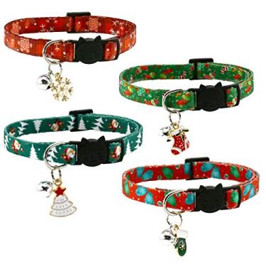 Imagem de CooShou Conjunto de colar de gato de Natal - Coleiras ajustáveis para gatos com sinos e berloques, 4 peças por conjunto
