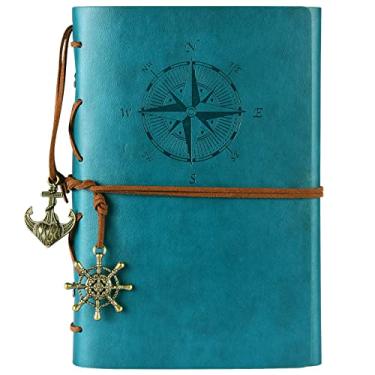 Imagem de MALEDEN Caderno de couro para escrita, caderno clássico encadernado em espiral recarregável, caderno de esboço, presente com diários de viagem sem forro para escrever para meninas e meninos (azul