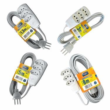 Imagem de Extensão 2P+T Sort Cabo PP Plano 3x0,75mm² 10A 250V 3 Tomadas - Daneva 3 Metros Cod. DN1779
