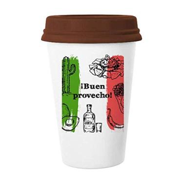 Imagem de Caneca redonda de cacto com desenho do México com a bandeira da Culinária e copo de cerâmica
