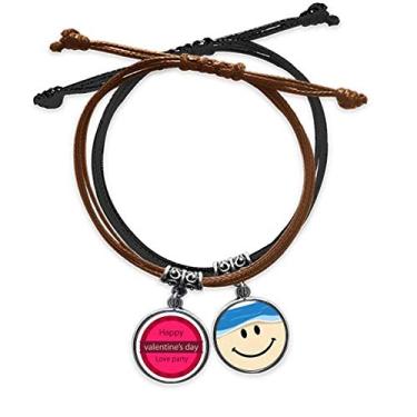 Imagem de DIYthinker Pulseira de couro rosa redonda feliz dia dos namorados amor corrente de mão pulseira de couro sorridente