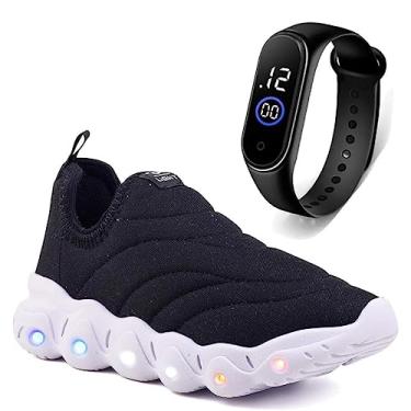 Imagem de Tenis Infantil De Led Calce Facil Elastico Meninos Masculino + Relogio Cor:Branco;Tamanho:32