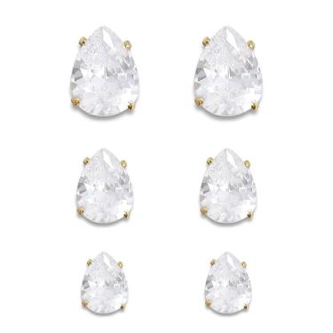 Imagem de Trio de Brincos Gota Zircônia Cristal Banhado a Ouro 18K Semijoia