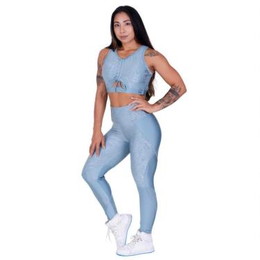Imagem de Conjunto Fitness Feminino Legging Recortes Cirre Relevo e Liso + Cropped Top Bojo Orbis Azul-Feminino