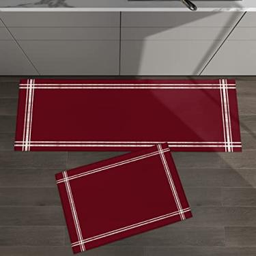 Imagem de Conjunto de 2 tapetes de cozinha cor sólida vinho vermelho decoração de Natal para tapetes acolchoados de chão e tapetes antiderrapante absorvente corredor confortável tapete de pé