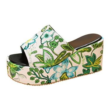 Imagem de Sandálias femininas com estampa de flores sem cadarço moda primavera verão sandálias femininas plataforma bico aberto confortável estilo casual sapatos (verde, 8)