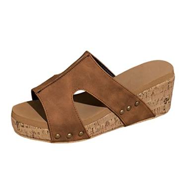 Imagem de Sandálias femininas de verão lisas sem cadarço casual bico aberto anabela sapatos de praia confortáveis sandálias chinelos (marrom, 7,5)