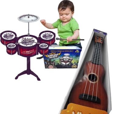 Imagem de Violão Brinquedo Infantil Guitarra Bateria Jazz Drum Baqueta (Vermelho/ Marrom Escuro)