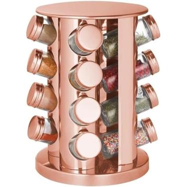Imagem de Porta Temperos e Condimentos Redondo em Aço Inox Escovado, Cor Rose Gold - Inclui 16 Potes de Vidro e Suporte Giratório