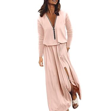 Imagem de Vestidos de praia femininos 2023 vestidos maxi casuais manga longa vestido de sol com bolsos plus size vestidos de verão para, rosa, G