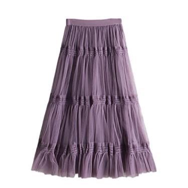 Imagem de Outono inverno moda doce tule saia feminina bonito a linha saias de malha feminino midi longo saia plissada (roxo tamanho único)