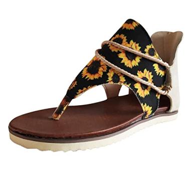 Imagem de Sandálias femininas modernas com zíper sandálias planas com estampa floral casual confortável peep toe sapatos, Amarelo, 7.5