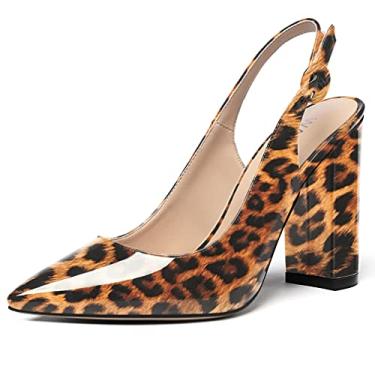Imagem de WAYDERNS Sapatos femininos de couro envernizado bico fino tira no tornozelo salto alto bloco sapatos sexy vestido de casamento 4 polegadas, Oncinha marrom, 12