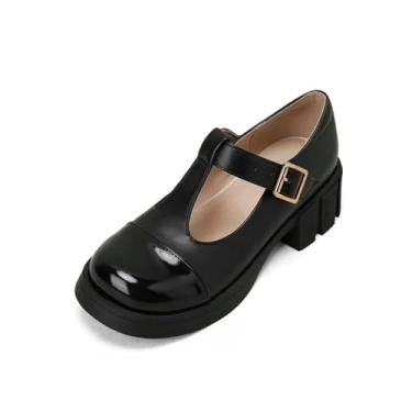 Imagem de ZIRIA Sapatos de couro patchwork Sweet Mary Janes com tira em T sapatos góticos sapatos femininos preto vermelho, Preto, 4