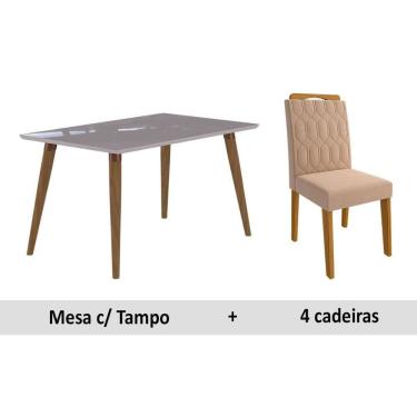 Imagem de Conjunto: Mesa Sala Jantar Adele c/ Tampo Madeirado c/ Vidro 130cm + 4 Cadeiras Paola Savana/OW/Madeira/Nude - Cimol