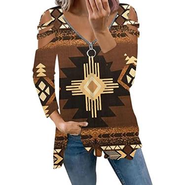 Imagem de Tops de ombro frio para mulheres com estampa solta, camisas de manga comprida, bainha fluida, zíper, gola V, alça, túnica bordada com floral Geometria Tribal Asteca Ocidental M13-Cáqui XX-Large
