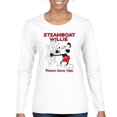 Imagem de Camiseta feminina Steamboat Willie Vibing Since 1928 manga longa icônica retrô desenho mouse atemporal clássico vintage Vibe, Branco, G