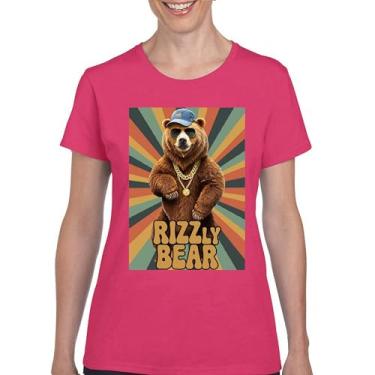 Imagem de Camiseta divertida Rizzly Bear Charisma Pun Charming Meme Grizzly Flirting Smooth Talker Dating Confidence Camiseta feminina, Rosa choque, G