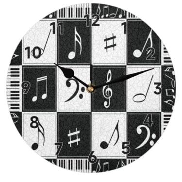 Imagem de Relógio de parede branco preto xadrez operado por bateria, relógios redondos silenciosos sem tique-taque para sala de estar, quarto, cozinha, escritório, sala de aula, decoração