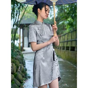 Imagem de Camisa Feminina Jacquard Button Front Asymmetrical Hem Dress (Color : Light Grey, Size : M)