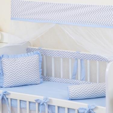 Imagem de Kit Tela Respirável Para Mini Berço Tela Respirável para Mini Berço Chevron Cinza com Azul 7 Peças Antissufocante